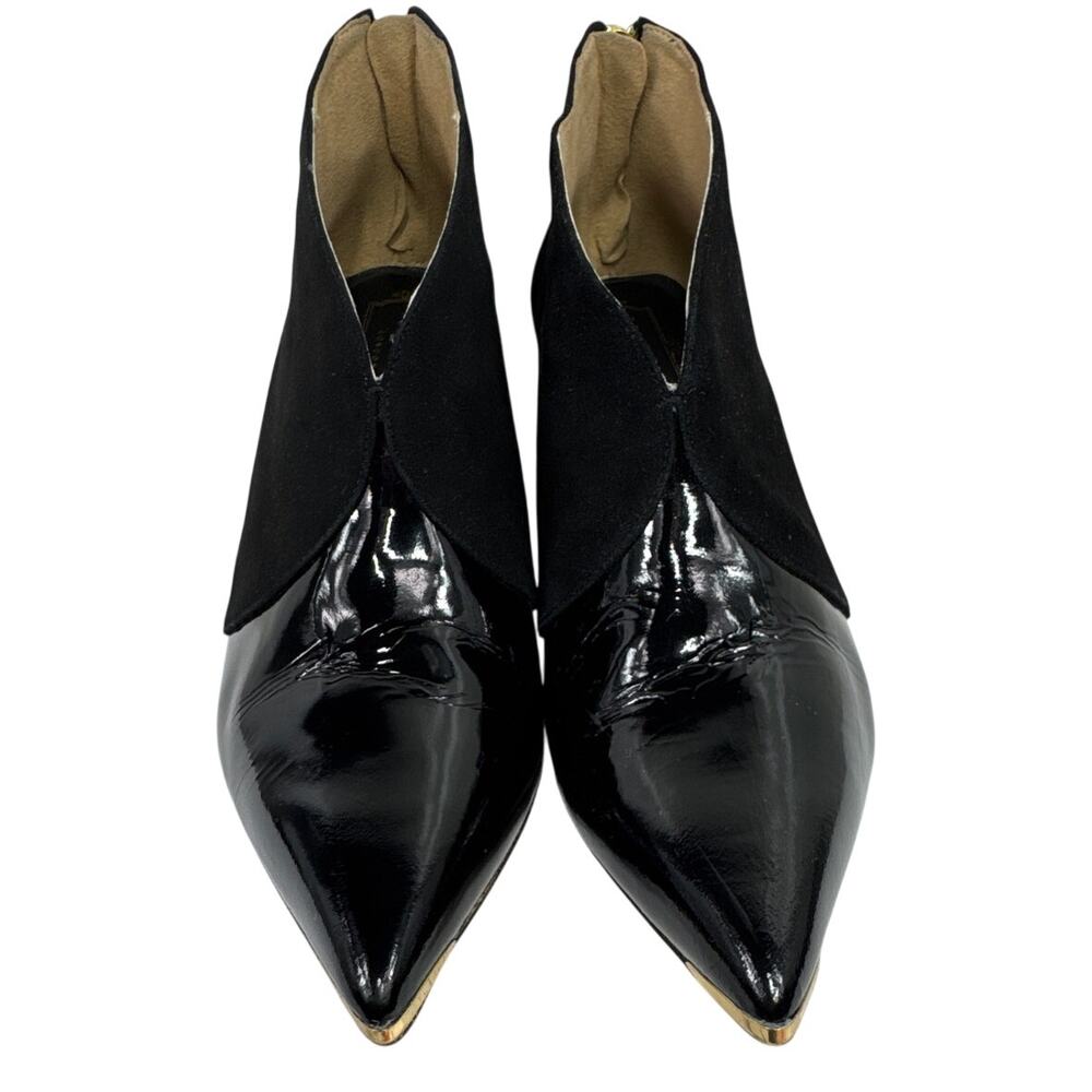 Ted‎ Baker Black Patent Pointed Toe Heeled Booties Gold Accent Size 9